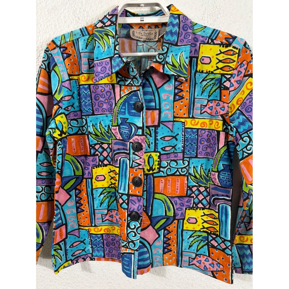 Life Style Jacket‎ Womens PM Multicolor Beaded Tropical Fish Novelty Print Arsty